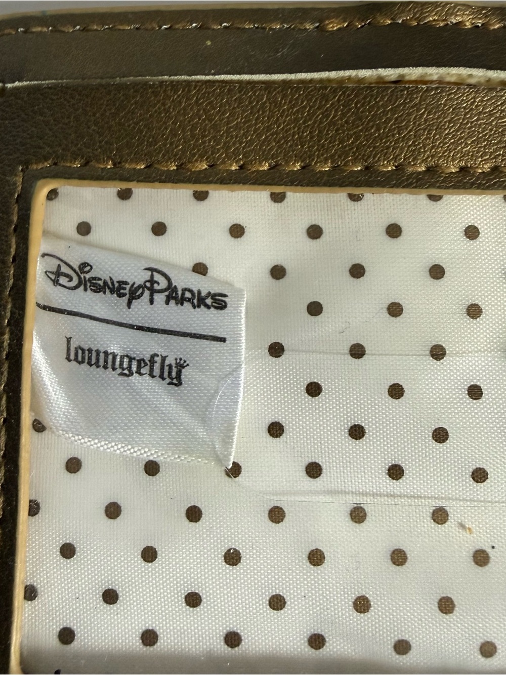Loungefly (Disney) Gold Metallic Cardholder White Polka Dot Interior with strap - Picture 2 of 9